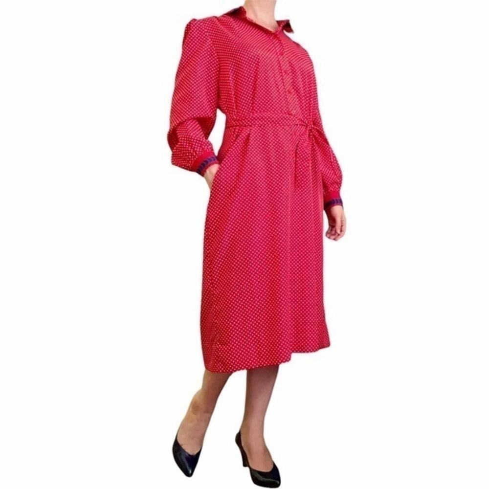 Vintage Abe Schrader Sport Red White Polka-Dot Belted Midi Shirt Dress